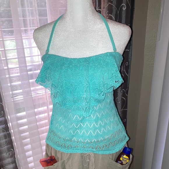 Hula Honey Turquoise Lacey Ruffled Open Back versatile Strap Bikini Top M EUC - Picture 2 of 14